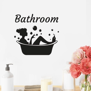 Modern bathroom wall sticker with female silhouette and Bathroom text in black vinyl