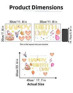 Glow in the dark Happy Birthday wall sticker size chart showing 30x20cm sheets and layout