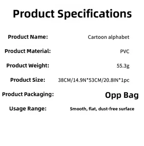 Specifications for PVC cartoon alphabet wall stickers showing size 38x53cm and weight 55.3g