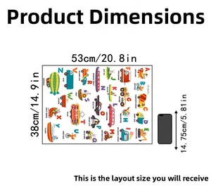 Detailed dimension guide for 26 cartoon transport alphabet wall decals showing 53x38cm size