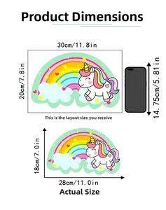 Size guide for glowing rainbow unicorn wall sticker showing 30x20cm layout dimensions
