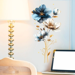 Modern floral wall stickers with blue and gold petals for home office wall decor