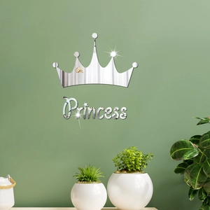 Silver acrylic mirror crown and Princess wall sticker on a green interior wall