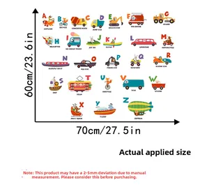 Alphabet wall decals with cartoon vehicles for kids education, 70cm x 60cm size detail