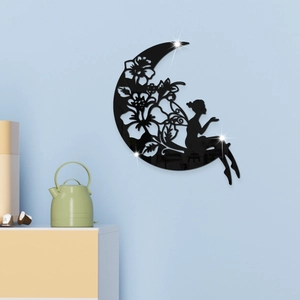 Black acrylic mirror wall sticker featuring a moon flower fairy in a modern living room decor
