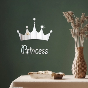 Silver acrylic mirror wall sticker set with crown and Princess text for room decor