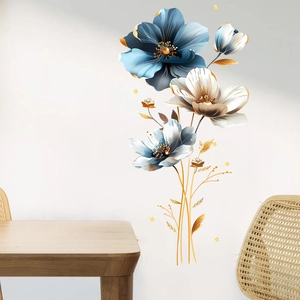 Detailed 3D floral wall sticker with blue, white petals and elegant gold metallic accents