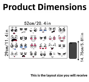 Detailed size chart of smiley face wall stickers measuring 52x29cm with phone reference