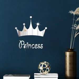 Modern mirror wall decal set with crown design and Princess text for home decor