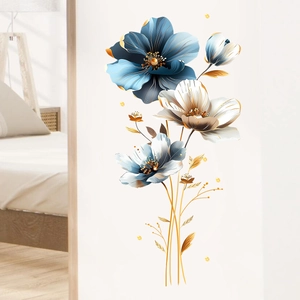 3D floral wall stickers with blue and white flowers and gold lines for home decor