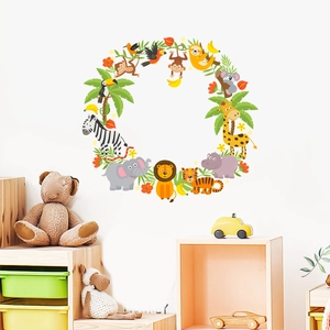 Sticker Mural Couronne Animaux de la Jungle en PVC Imperméable Dessin Animé Lion Éléphant Girafe pour Décoration Chambre Enfant
