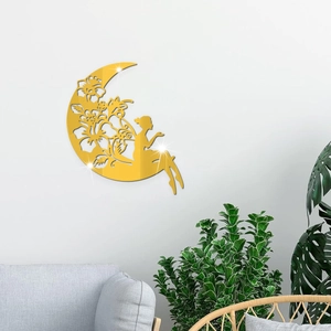 Acrylic mirror wall sticker with moon, flowers and fairy silhouette for room decor