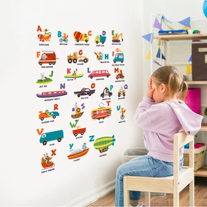 Educational wall decals featuring 26 cartoon alphabet letters and vehicles for nursery decor