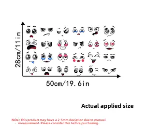 Detailed size chart showing 50x28cm dimensions for 24 smiley face wall stickers
