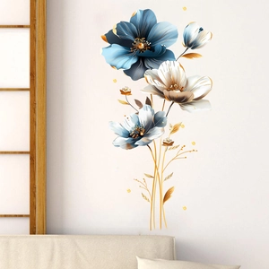 Detailed 3D floral wall sticker featuring navy blue and gold petals in a modern living room