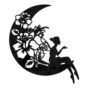 Detailed view of black acrylic mirror wall sticker with crescent moon and fairy silhouette