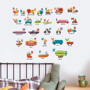 Cartoon alphabet wall stickers for kids room featuring animals and transport vehicles