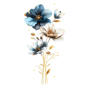 3D floral wall stickers with blue and white petals and elegant gold embossed textures