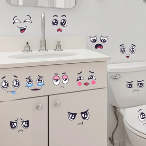 Cartoon smiley face wall decals for bathroom decor on cabinets and toilet lids