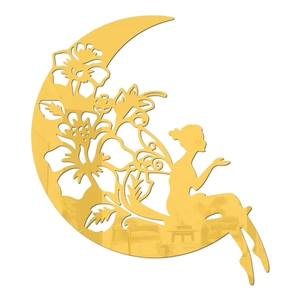 Detailed view of golden acrylic mirror wall sticker featuring a moon fairy silhouette