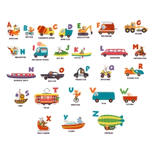 Educational 26 English letters wall stickers with cartoon vehicles for kids' rooms