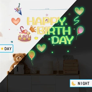 Glow-in-the-dark Happy Birthday wall stickers set with stars and cake in day and night view
