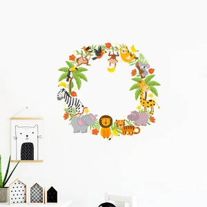Détail de stickers muraux animaux de la jungle couronne avec lion éléphant et girafe