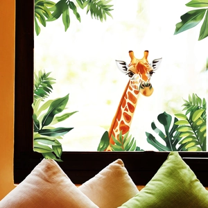 Creative giraffe and green leaf wall stickers for tropical home bedroom window decor
