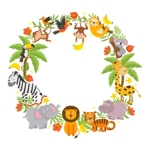Sticker mural couronne animaux tropicaux avec lion éléphant et girafe pour chambre