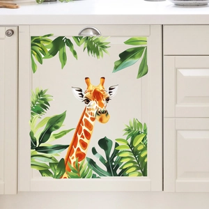 Vivid giraffe head and tropical green leaves decorative decal on white kitchen cabinet