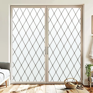 Diamond pattern frosted privacy glass film for windows in a bright interior living room setting