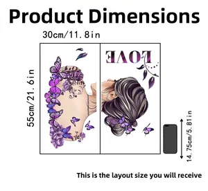 Detailed size chart for purple butterfly wall sticker with layout dimensions in cm and inches