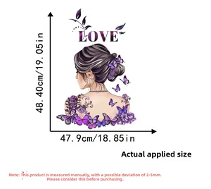 Detail showing dimensions of purple rose and butterfly girl wall sticker for room decor
