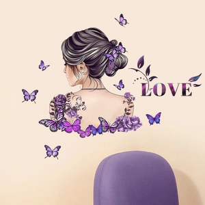Purple Butterfly Girl Silhouette Wall Sticker PVC Flower LOVE Art Decal Romantic Room Decor For Bedroom Living Room
