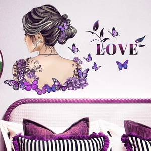 Elegant purple woman silhouette wall decal with butterflies, flowers and LOVE text art