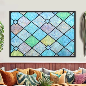 Close-up of colorful geometric diamond pattern glass film for privacy and home decor