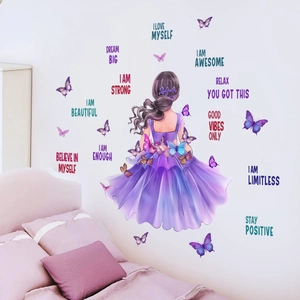 Adesivo murale ragazza in abito blu con farfalle e frasi motivazionali per camera