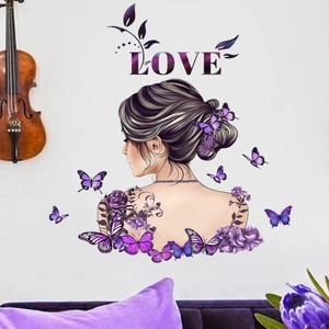 Artistic purple rose wall sticker featuring a woman silhouette and LOVE text for bedroom decor