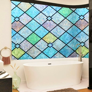 Detail view of geometric diamond pattern frosted glass film for bathroom privacy