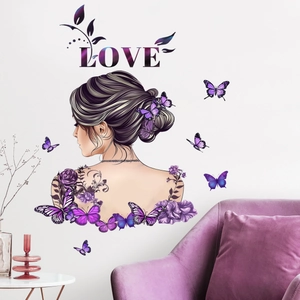 Romantic purple wall sticker featuring female silhouette with butterflies and LOVE text