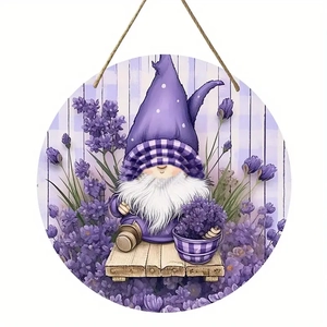 Lavender Spring Gnome Wooden Hanging Sign Purple Round Plaque Farmhouse Door Decor Rustic Decorative Pendant For Home Garden
