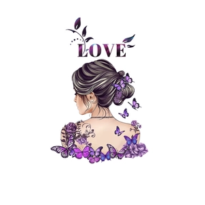 Artistic purple butterfly and flower tattoo sticker featuring woman back and LOVE text