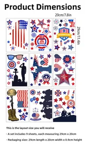 Size chart for 9-pack Independence Day stickers, measuring 20x29cm with patriotic designs