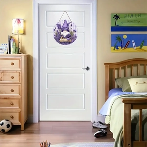Round wooden door sign featuring a gnome in lavender fields on a white home door