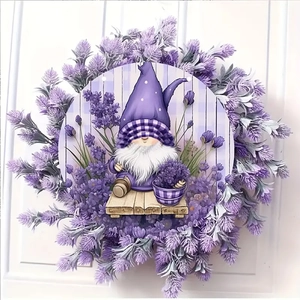 Detailed view of a purple lavender wreath featuring a gnome sitting on a wooden door