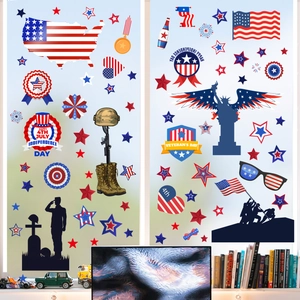 Patriotic 4th of July window clings with American flag map and Statue of Liberty design
