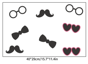 Detalle de pegatinas de pared de bigote, pajarita y gafas negras, mide 40x29cm