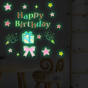 Luminous Happy Birthday wall stickers with glowing stars and gift box for party decor