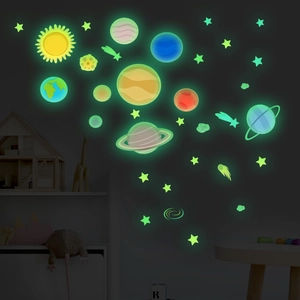 Luminous solar system wall stickers with glowing planets and stars for kids' bedroom