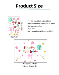 Detailed size guide for Happy Birthday luminous wall stickers with star and gift designs